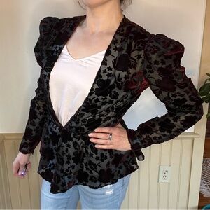 Stunning Vintage Ruby Red Floral Burnout Velvet Sheer Blouse with Puffed Sleeves